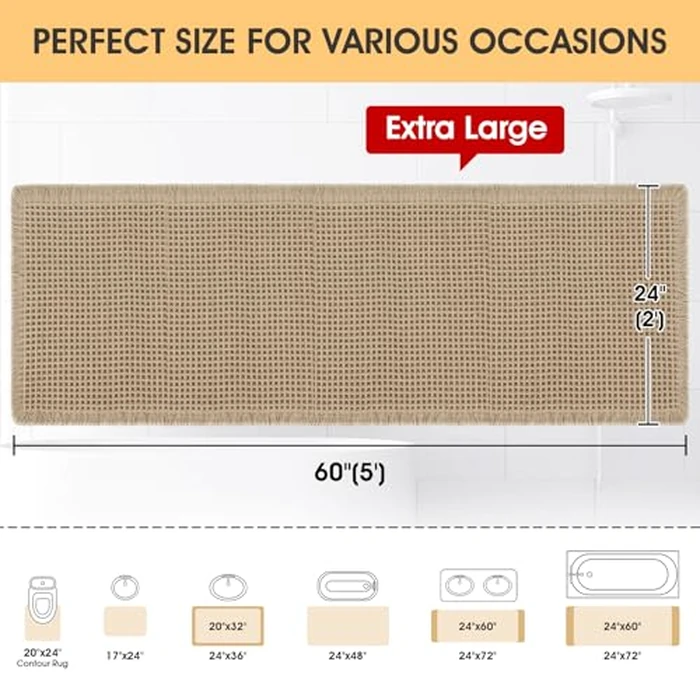 Waffle Bath Mat Beige 5'x2', Boho Woven Modern Bath Mat Rugs, Absorbent Non Slip Bathroom Rugs, Soft Washable Bath Rugs with Tassels for Bathroom, Bedroom, Kitchen, Shower, Tub by IM HOME - Image 5