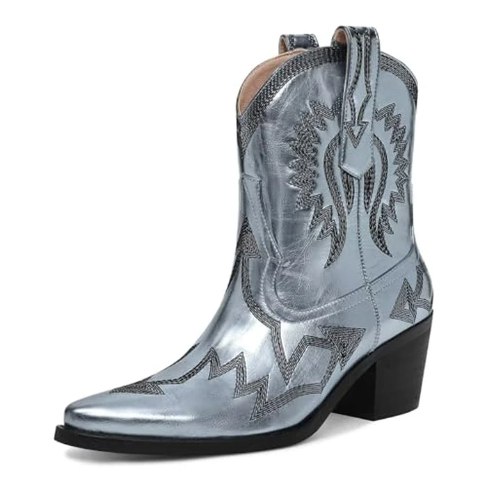 HOCHFART Cowboy Boots For Women Embroidered Pointed Toe Cowgirl Boots Chunky Heel Pull-On Short Western Boots Classic Wide Calf Country Ankle Boots, Blue, Size 9.5 by HOCHFART - Used - Like New condition - US$55.97