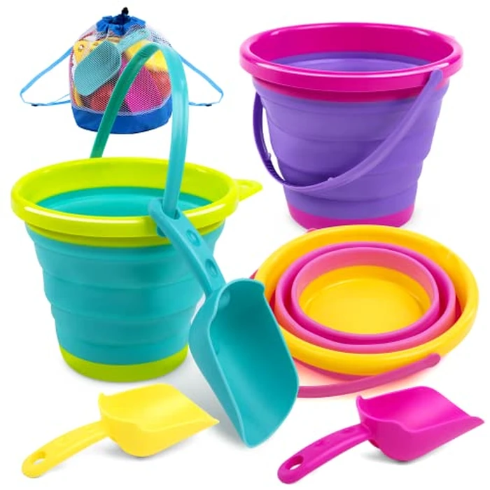 JOYIN Foldable Beach Bucket Set - 3 Packs Collapsible Toy Buckets with Shovels and Mesh Backpack for Kids Toddlers Party, Camping Gear, Travelling, Fishing Water Pail (Pink/Purple/Green) by JOYIN - Used - Like New condition - US$19.69