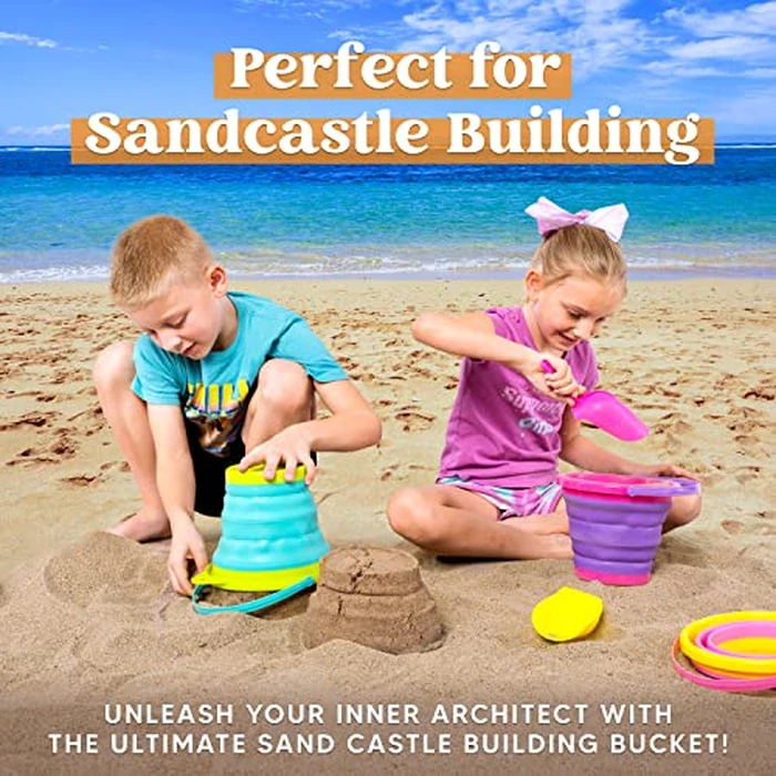 JOYIN Foldable Beach Bucket Set - 3 Packs Collapsible Toy Buckets with Shovels and Mesh Backpack for Kids Toddlers Party, Camping Gear, Travelling, Fishing Water Pail (Pink/Purple/Green) by JOYIN - Image 2