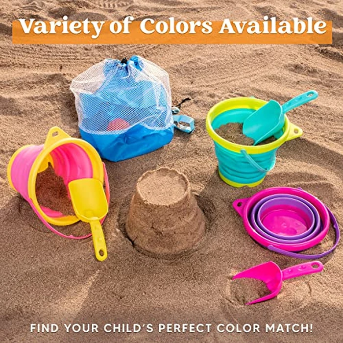 JOYIN Foldable Beach Bucket Set - 3 Packs Collapsible Toy Buckets with Shovels and Mesh Backpack for Kids Toddlers Party, Camping Gear, Travelling, Fishing Water Pail (Pink/Purple/Green) by JOYIN - Image 3