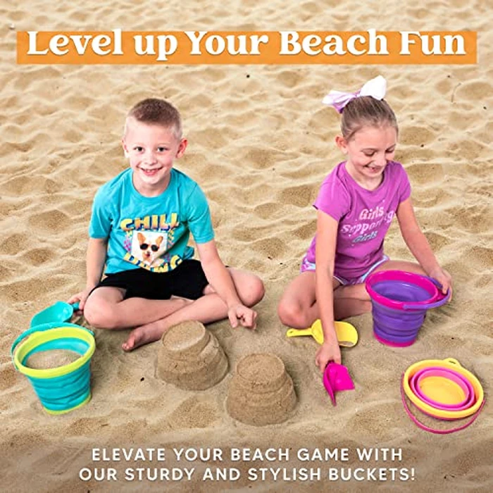 JOYIN Foldable Beach Bucket Set - 3 Packs Collapsible Toy Buckets with Shovels and Mesh Backpack for Kids Toddlers Party, Camping Gear, Travelling, Fishing Water Pail (Pink/Purple/Green) by JOYIN - Image 6