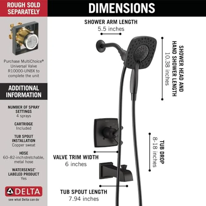 Delta Faucet Ashlyn 17 Series Dual-Function Tub and Shower Trim Kit with 2-Spray Touch-Clean In2ition 2-in-1 Hand Held Shower Head with Hose, Matte Black T17464-BL-I (Valve Not Included) by DELTA - Image 4