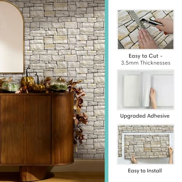 Commomy 12 pcs Faux Stone 3D Wall Panels Peel and Stick - 22.8" x 11.8" Thin & UrltraLight Stone Textured Wall Panel for Interior Tile Kitchen, Bedroom,Living Room,TV Background,RV by Commomy - Image 4