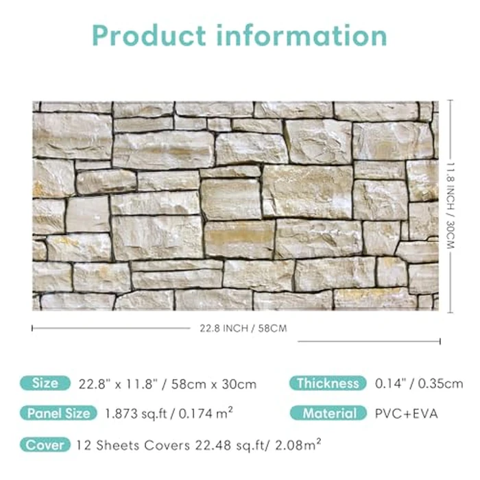 Commomy 12 pcs Faux Stone 3D Wall Panels Peel and Stick - 22.8" x 11.8" Thin & UrltraLight Stone Textured Wall Panel for Interior Tile Kitchen, Bedroom,Living Room,TV Background,RV by Commomy - Image 6