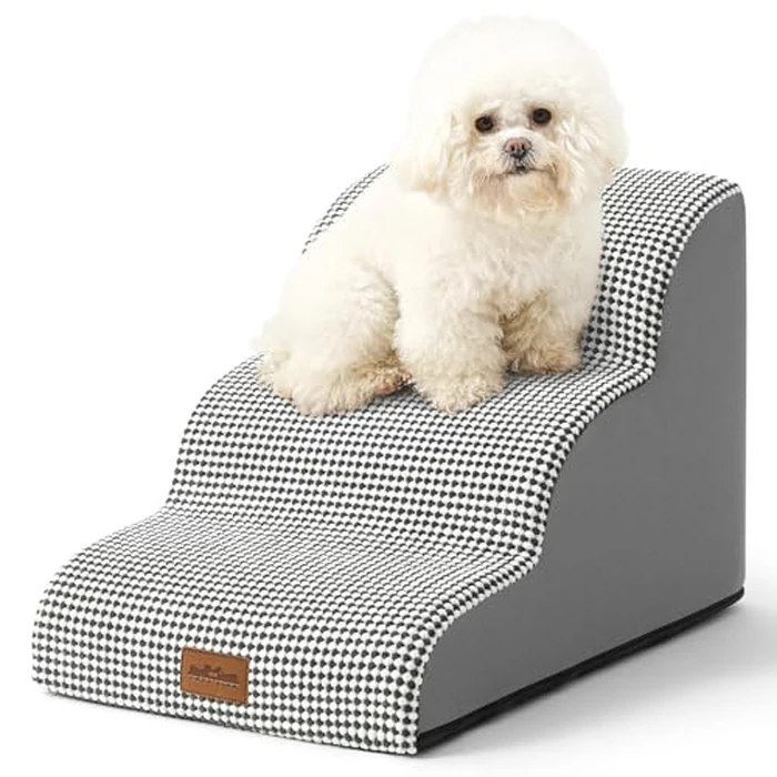 COZY KISS Dog Stairs for Small Dogs 15.7" H, Pet Step with Leakproof Cover, High Density Foam Cat Ramp for Couch, Sofa or Chair, Lightweight, Durable, Comfort, 15.7x22.4x15.7 inch, 3 Step, White Black by COZY KISS - Used - Like New condition - CA$47.29