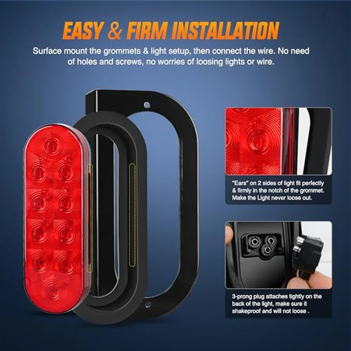 Nilight Hitch Cargo Carrier Oval Light Kit 2PCS 6Inch Red w/Flush Mount Grommet Bracket Harness Waterproof Stop Turn Signal Tail Lights for Luggage Bike Rack Truck Trailer by Nilight - Image 8