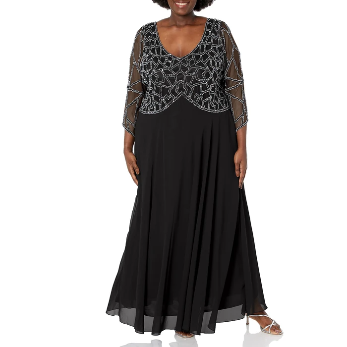 J Kara Women's Plus-Size Plus Size 3/4 Sleeve Geo Beaded Gown Dress, Black/Gun/Silver, 20W by J Kara - Used - Like New condition - US$72.57