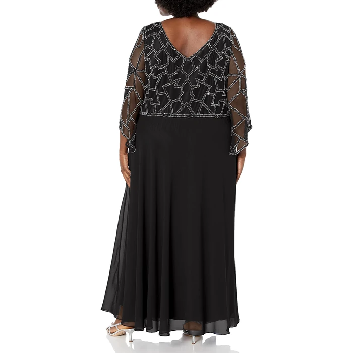 J Kara Women's Plus-Size Plus Size 3/4 Sleeve Geo Beaded Gown Dress, Black/Gun/Silver, 20W by J Kara - Image 2