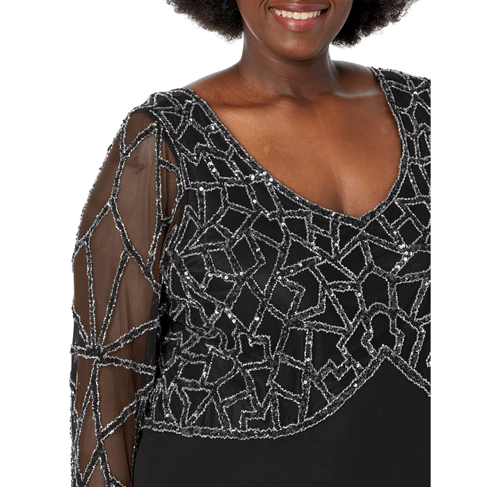J Kara Women's Plus-Size Plus Size 3/4 Sleeve Geo Beaded Gown Dress, Black/Gun/Silver, 20W by J Kara - Image 3