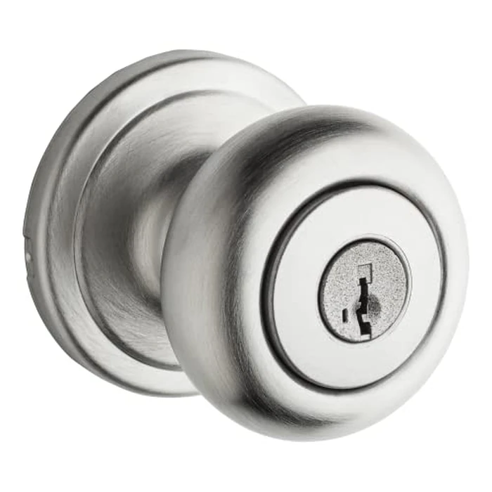 Weiser Troy Satin Chrome Front Door Knob with Lock and Key, Exterior/Interior Door Handles with Lock, Keyed Entry Door Knobs for Front Door, Bedroom, Bathroom & Office, Traditional Home Décor by Weiser - Used - Like New condition