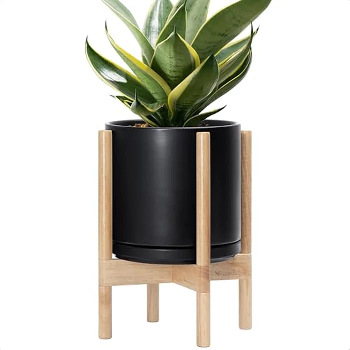 D'vine Dev Ceramic Planter with Natural Stand - 10 Inch Modern Round Flower Pot with Wood Planter Holder, Black, 55-B-K-2 by D'vine Dev - Used - Very Good condition