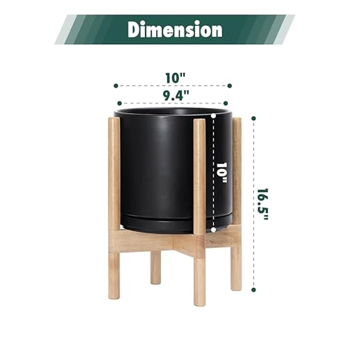 D'vine Dev Ceramic Planter with Natural Stand - 10 Inch Modern Round Flower Pot with Wood Planter Holder, Black, 55-B-K-2 by D'vine Dev - Image 2
