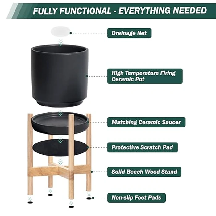 D'vine Dev Ceramic Planter with Natural Stand - 10 Inch Modern Round Flower Pot with Wood Planter Holder, Black, 55-B-K-2 by D'vine Dev - Image 4