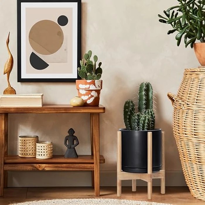 D'vine Dev Ceramic Planter with Natural Stand - 10 Inch Modern Round Flower Pot with Wood Planter Holder, Black, 55-B-K-2 by D'vine Dev - Image 5