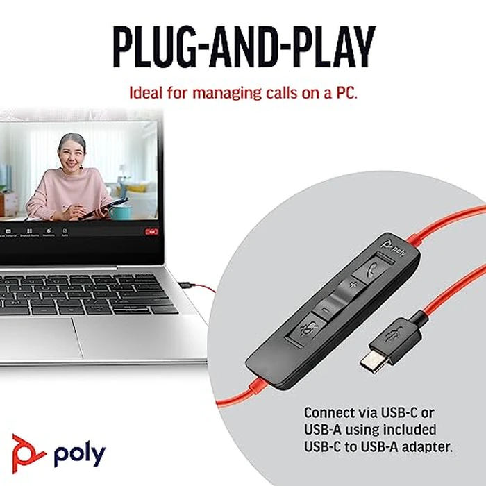 Poly Blackwire 3220 Wired Corded USB Headphones (Plantronics) - Noise-Canceling Mic - Stereo Design - Connect to PCMac via USB-C or USB-A - Works wTeams, Zoom - Amazon Exclusive by POLY - Image 4