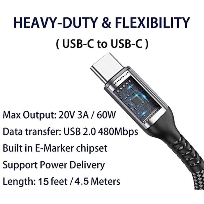 USB-C to USB-C Cable (15FT 2PACK 60W) Long Cable,Fast Charging Cord for iPhone 15 Pro,Samsung Galaxy S23/S22/Z Fold 3,Note 20 Ultra/10 Lite,Google Pixel 6 Pro,OnePlus 9 Pro,Sony Xperia 5,Dual Type-C by Grtoeud - Image 5