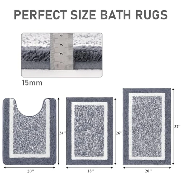 Pauwer Bathroom Rugs Sets 3 Piece Bathroom Shower Rugs with U-Shaped Contour Toilet Mat Absorbent Microfiber Plush Bath Mats Non Slip Bath Rugs Machine Washable Shaggy Bath Floor Mats by Pauwer - Image 7
