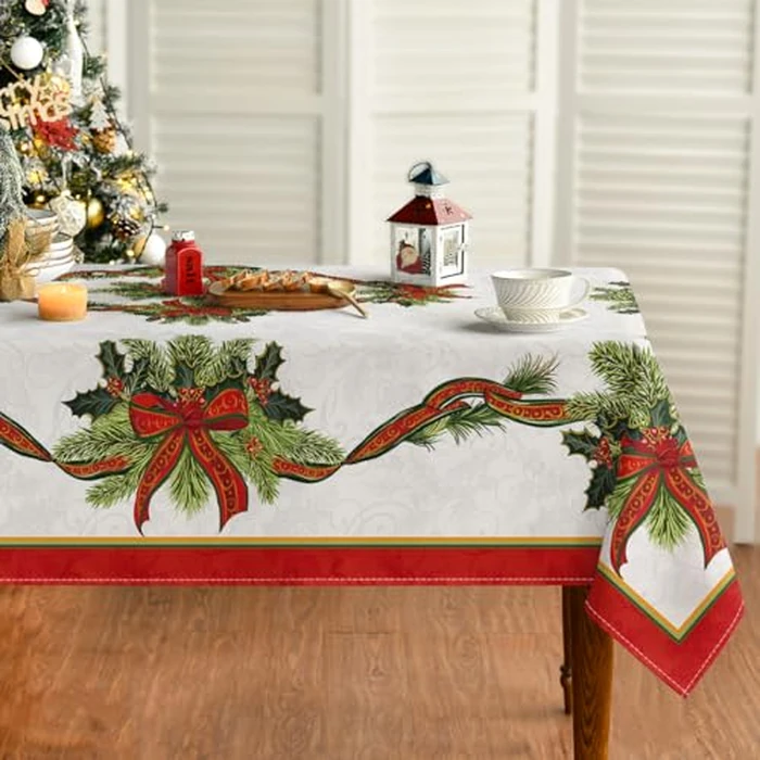 Horaldaily Christmas Tablecloth 52x70 Inch, Poinsettia Golden Ribbon Washable Table Cover for Party Picnic Dinner Decor by Horaldaily - Used - Very Good condition