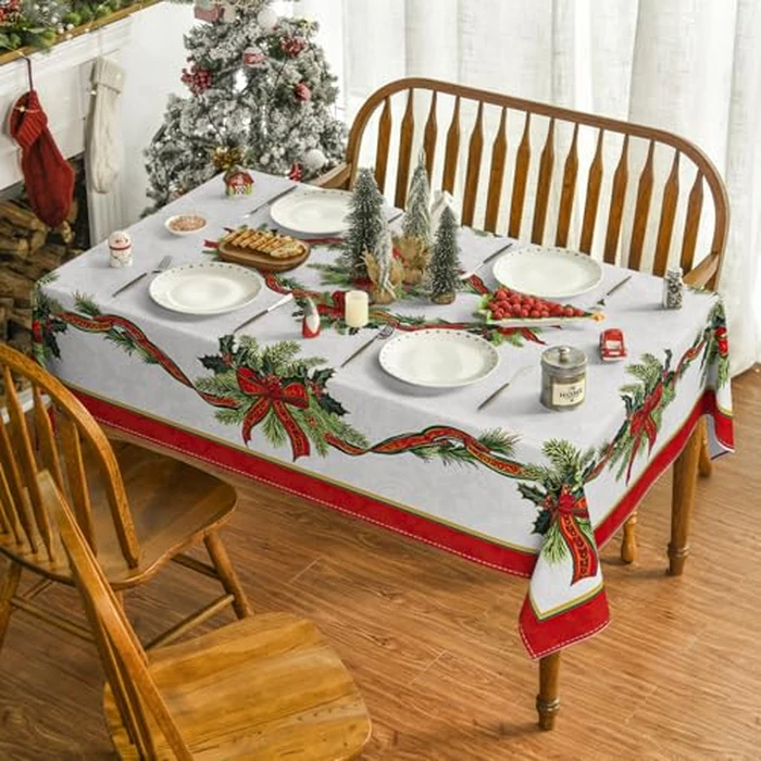 Horaldaily Christmas Tablecloth 52x70 Inch, Poinsettia Golden Ribbon Washable Table Cover for Party Picnic Dinner Decor by Horaldaily - Image 2
