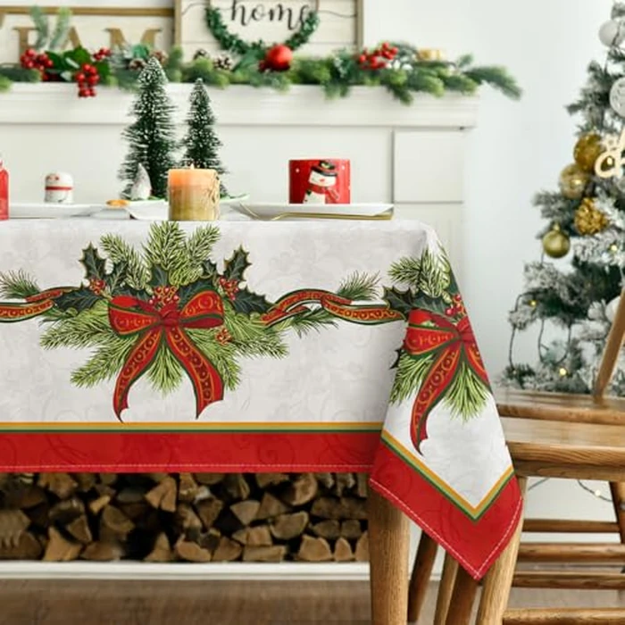 Horaldaily Christmas Tablecloth 52x70 Inch, Poinsettia Golden Ribbon Washable Table Cover for Party Picnic Dinner Decor by Horaldaily - Image 3