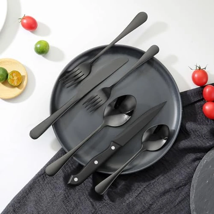 VEVOR 48-Piece Black Silverware Set with Steak Knives, Food-Grade Stainless Steel Flatware Utensils for 8, Mirror Finished Cutlery Set, Dishwasher Safe Eating Tableware for Kitchen Home, Service for 8 by VEVOR - Used - Good condition