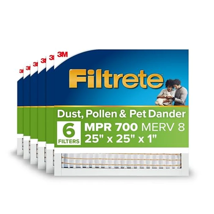 Filtrete 25x25x1 Air Filter, MERV 8, MPR 700, Dust, Pollen & Pet Dander Reduction, 3-Month AC and Furnace Filter, Easy on Air Flow, 6 HVAC Filters (Actual Size 24.81 x 24.81 x 0.81 in) by Filtrete - Used - Acceptable condition