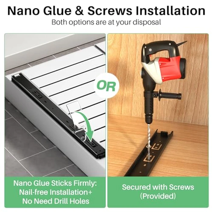 Pull out Cabinet Organizer, 2-pack, Expandable(12"-20") Heavy Duty Slide out Drawers Fixed with Adhesive Nano Film for Pots, Roll out Shelf Storage for Kitchen Base Cabinet Organization(3 Rails) by Kitstorack - Image 8