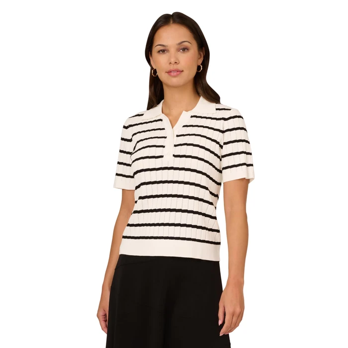 Adrianna Papell Diffusion Women's Pointelle Short Sleeve Polo Striped V-Placket Sweater, Ivory/Black, S by Adrianna Papell - Used - Like New condition