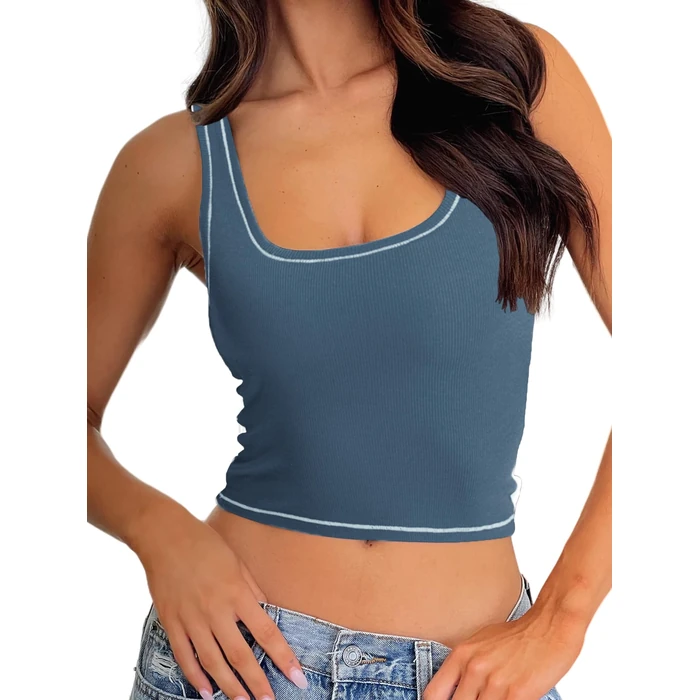 Danysu Women Cotton Rib Tank Top with Built in Bra Square Neck Crop Tank Fitted Basic Tops Set Sail S by Danysu - Used - Like New condition - US$13.87