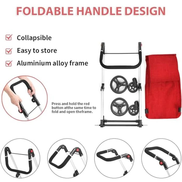 Kiffler Foldable Shopping Cart with Wheels, Groceries Cart with Removable Waterproof Shopping Bag, Rolling Personal Handtruk, Large Capacity Utility Carts for Groceries Shopping Transport (Red) by Kiffler - Image 4