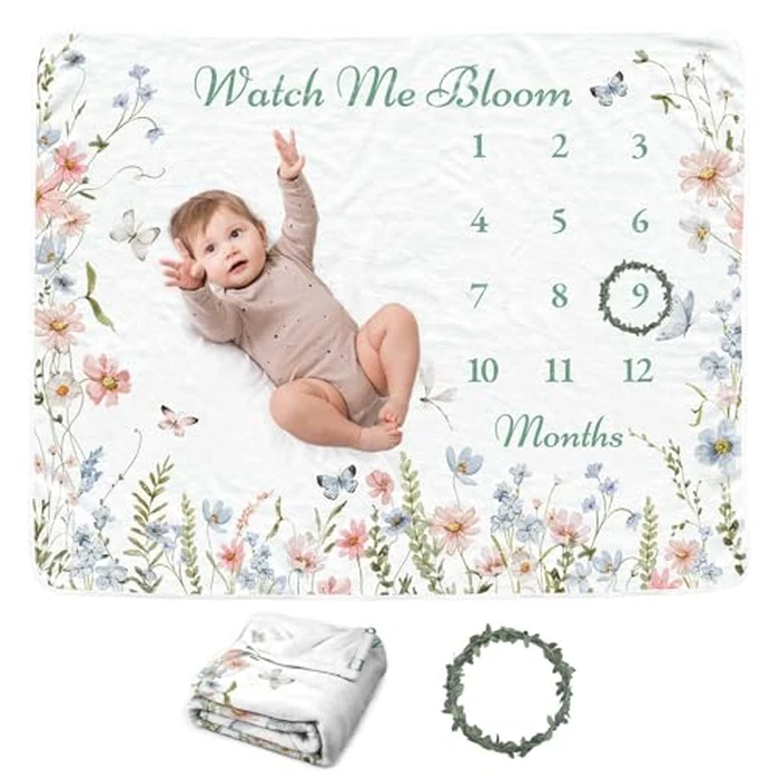 Wildflower Baby Monthly Blanket for Boys, Boho Newborn Age Blanket, Soft Flannel Photography Background Prop, Floral by sweety baby - Used - Very Good condition