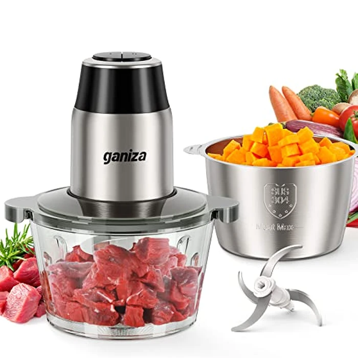 GANIZA Food Processors, Electric Food Chopper with Meat Grinder & Vegetable Chopper - 2 Bowls (8 Cup+8 Cup) with Powerful 450W Copper Motor - Includes 2 Sets of Bi-Level Blades for Fruits/Meat/Nuts by Ganiza - Used - Like New condition - US$48.44