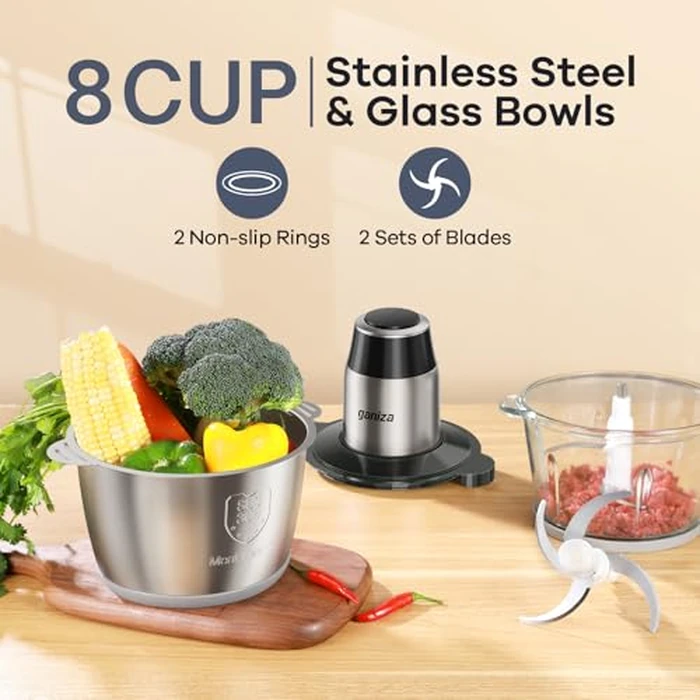 GANIZA Food Processors, Electric Food Chopper with Meat Grinder & Vegetable Chopper - 2 Bowls (8 Cup+8 Cup) with Powerful 450W Copper Motor - Includes 2 Sets of Bi-Level Blades for Fruits/Meat/Nuts by Ganiza - Image 3
