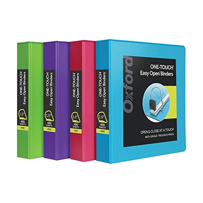 Oxford 1.5 Inch Binders, 4 Pack, 3 Ring Binder, ONE-Touch Easy Open D-Rings, Holds 375 Sheets, Non-Stick, PVC-Free, Three Ring Binders for Organization and Presentations, Assorted Colors by Oxford - Image 1