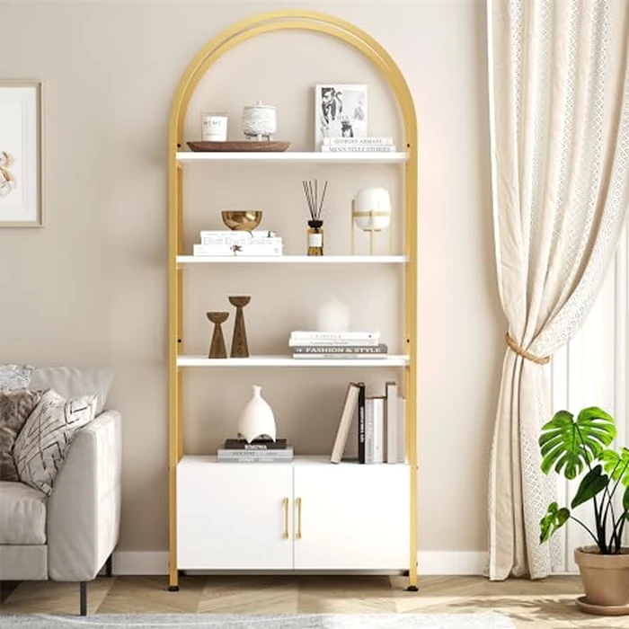 4 Tier Arched Bookshelf with Doors Storage, 71.5 Inch Tall Industrial Book Shelf with Metal Frame, Open Curved Bookcase, Display Shelf for Living Room and Office, Gold by MilleLoom - Image 1