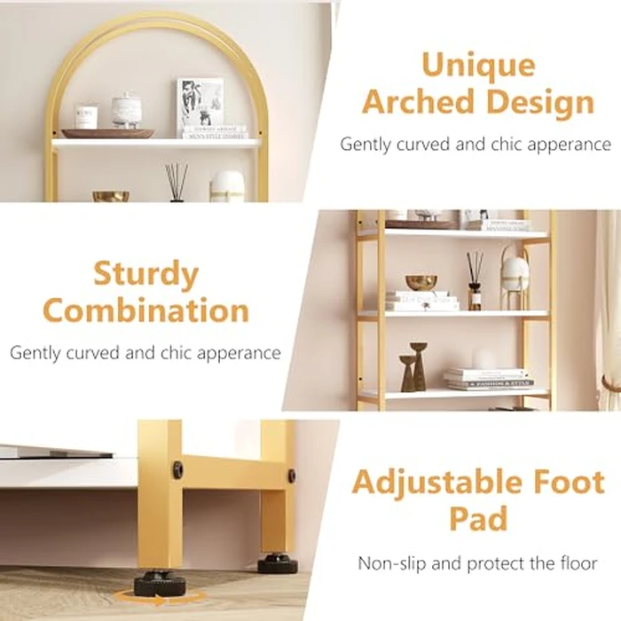 4 Tier Arched Bookshelf with Doors Storage, 71.5 Inch Tall Industrial Book Shelf with Metal Frame, Open Curved Bookcase, Display Shelf for Living Room and Office, Gold by MilleLoom - Image 3