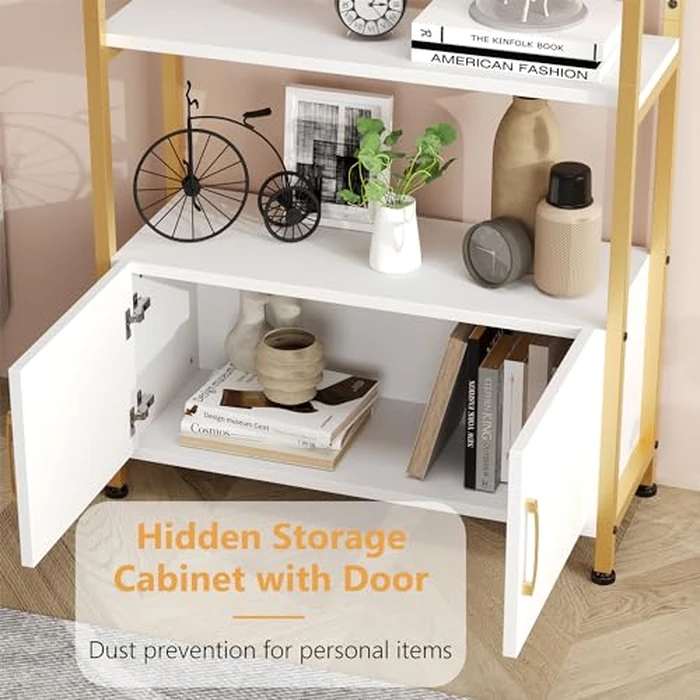 4 Tier Arched Bookshelf with Doors Storage, 71.5 Inch Tall Industrial Book Shelf with Metal Frame, Open Curved Bookcase, Display Shelf for Living Room and Office, Gold by MilleLoom - Image 4