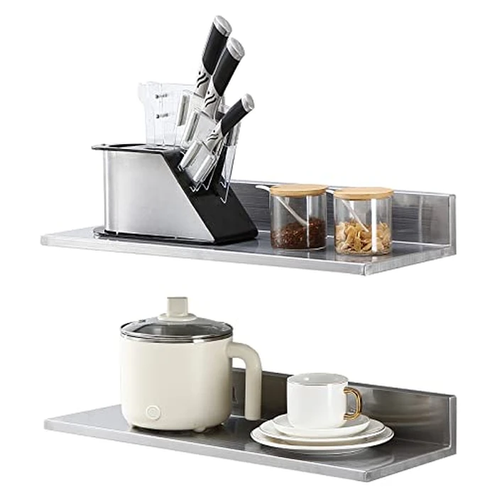 VEVOR 8.6" x 24" -2Pack Stainless Steel Shelf, Wall Mounted Floating Shelving with Backsplash, 44 lbs Load Capacity Commercial Shelves, Heavy Duty Storage Rack for Restaurant, Kitchen, Bar, Home by VEVOR - Used - Acceptable condition - US$30.01