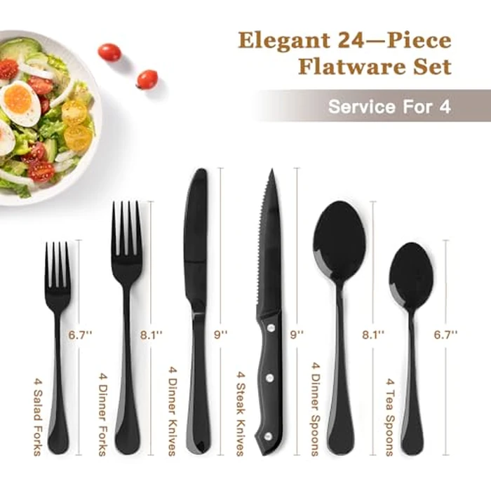 Astercook 24-Piece Black Silverware Set with Steak Knives Flatware Set for 4 Food-Grade Stainless Steel Cutlery Set Mirror Polished Utensils Set Include Spoons and Forks for Home Kitchen Restaurant by Astercook - Image 2