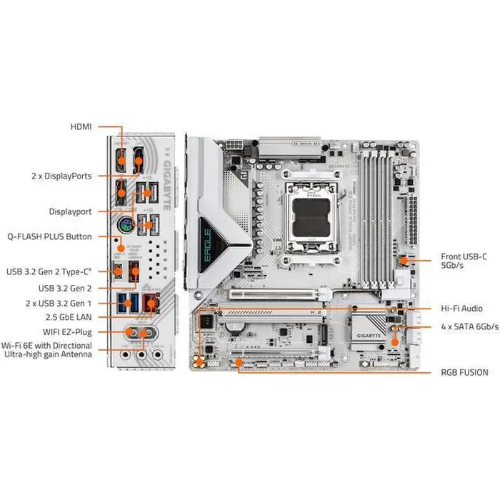 GIGABYTE B850M EAGLE WIFI6E ICE AMD AM5 Motherboard, M-ATX, DDR5, 2x M.2, PCIe 5.0, USB-C, USB 3.2 Gen 2, WIFI6E, 2.5GbE LAN, EZ-Latch, Wi-Fi EZ-Plug by GIGABYTE - Image 6