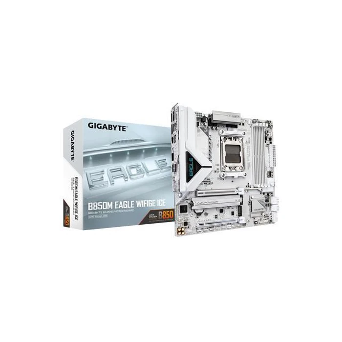 GIGABYTE B850M EAGLE WIFI6E ICE AMD AM5 Motherboard, M-ATX, DDR5, 2x M.2, PCIe 5.0, USB-C, USB 3.2 Gen 2, WIFI6E, 2.5GbE LAN, EZ-Latch, Wi-Fi EZ-Plug by GIGABYTE - Image 1