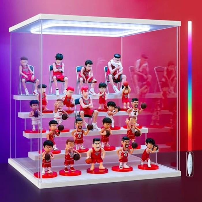 Acrylic Display Case Tiered Display Stand Storage Box Cube Dustproof Showcase for Vendors,Pop Figures, Perfumes or Collectibles (White with Colorful Lights, 5 Tier-W*D*H-12.6*11.4*12.6nches) by Naconmlet - Used - Very Good condition