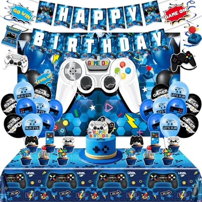 45Pcs Gamer Birthday Party Decorations - Gaming Party Supplies with Backdrop, Banner, Tablecloth, Balloons, Swirls & Cake Toppers for Video Game Theme, Blue by XXSCING - Used - Like New condition