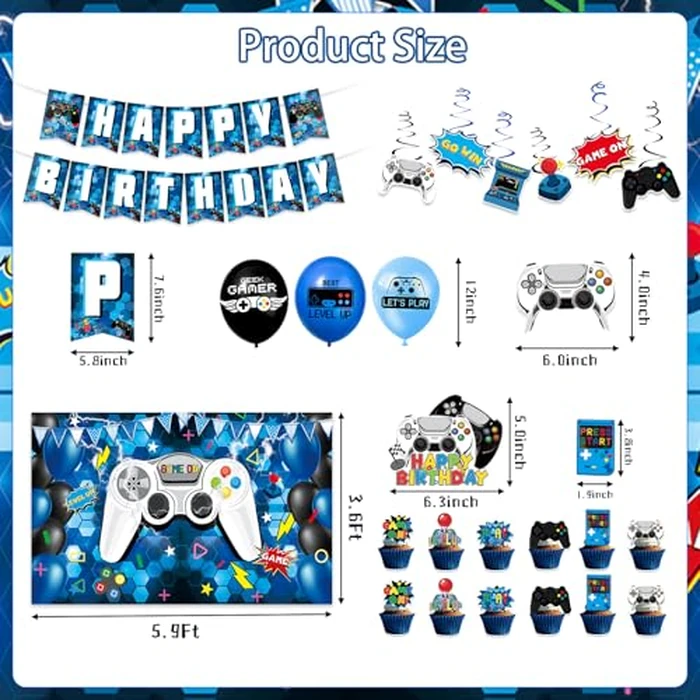 45Pcs Gamer Birthday Party Decorations - Gaming Party Supplies with Backdrop, Banner, Tablecloth, Balloons, Swirls & Cake Toppers for Video Game Theme, Blue by XXSCING - Image 3