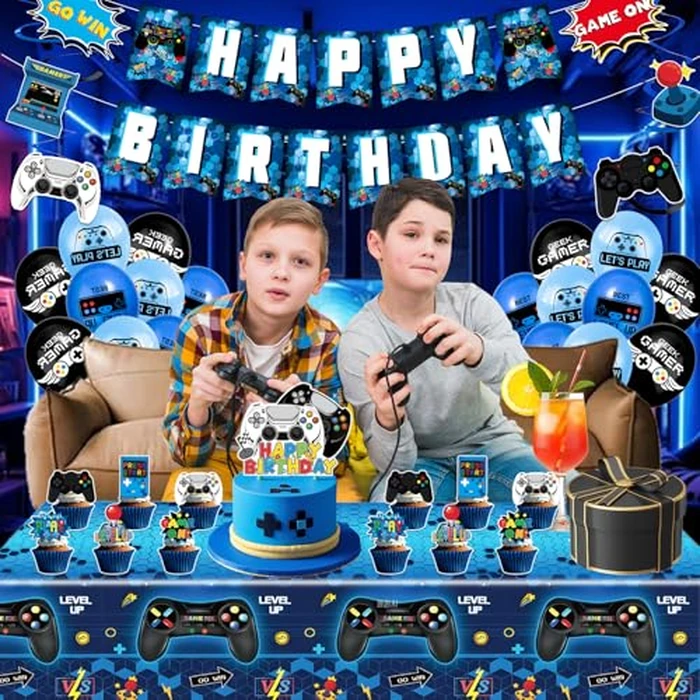45Pcs Gamer Birthday Party Decorations - Gaming Party Supplies with Backdrop, Banner, Tablecloth, Balloons, Swirls & Cake Toppers for Video Game Theme, Blue by XXSCING - Image 5