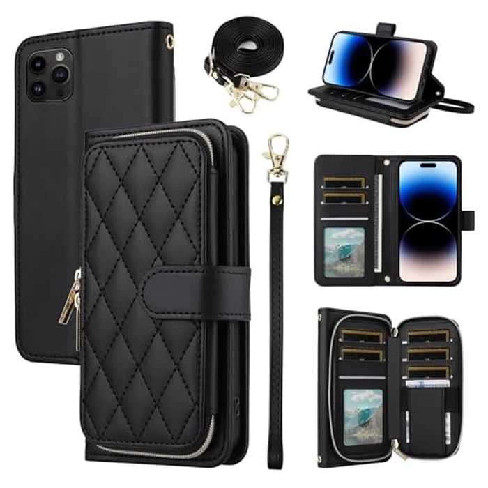 ELISORLI Argyle Wallet Case Compatible with iPhone 16 Pro Max 6.9 inch with Wrist Strap Shoulder Strap, 9+ Card Slots Zipper Purse Stand Phone Cover for i Phone16 16Pro i16 ProMax 16ProMax Black by ELISORLI - Image 1