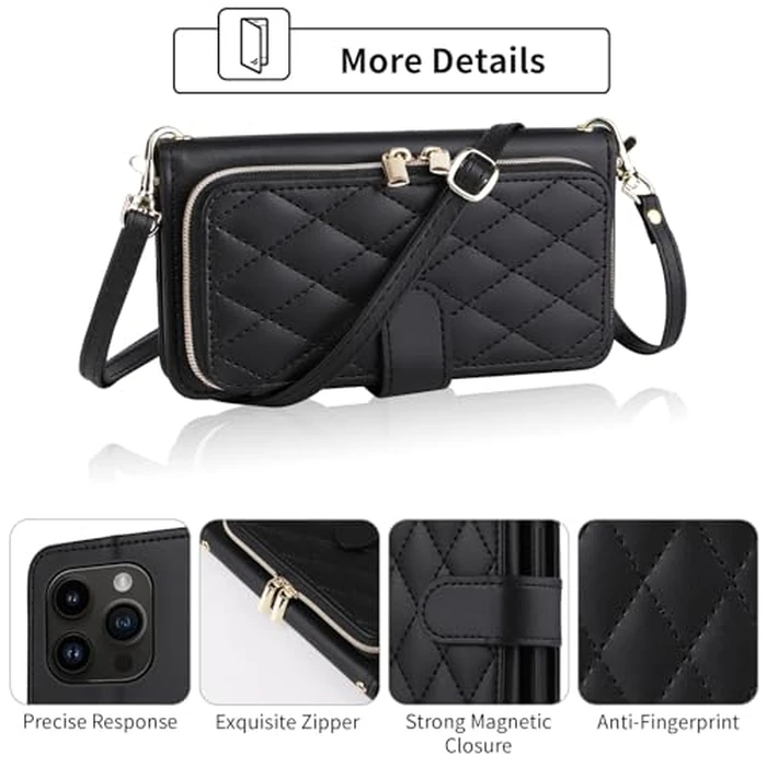 ELISORLI Argyle Wallet Case Compatible with iPhone 16 Pro Max 6.9 inch with Wrist Strap Shoulder Strap, 9+ Card Slots Zipper Purse Stand Phone Cover for i Phone16 16Pro i16 ProMax 16ProMax Black by ELISORLI - Image 3