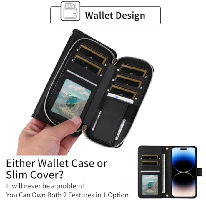 ELISORLI Argyle Wallet Case Compatible with iPhone 16 Pro Max 6.9 inch with Wrist Strap Shoulder Strap, 9+ Card Slots Zipper Purse Stand Phone Cover for i Phone16 16Pro i16 ProMax 16ProMax Black by ELISORLI - Image 4