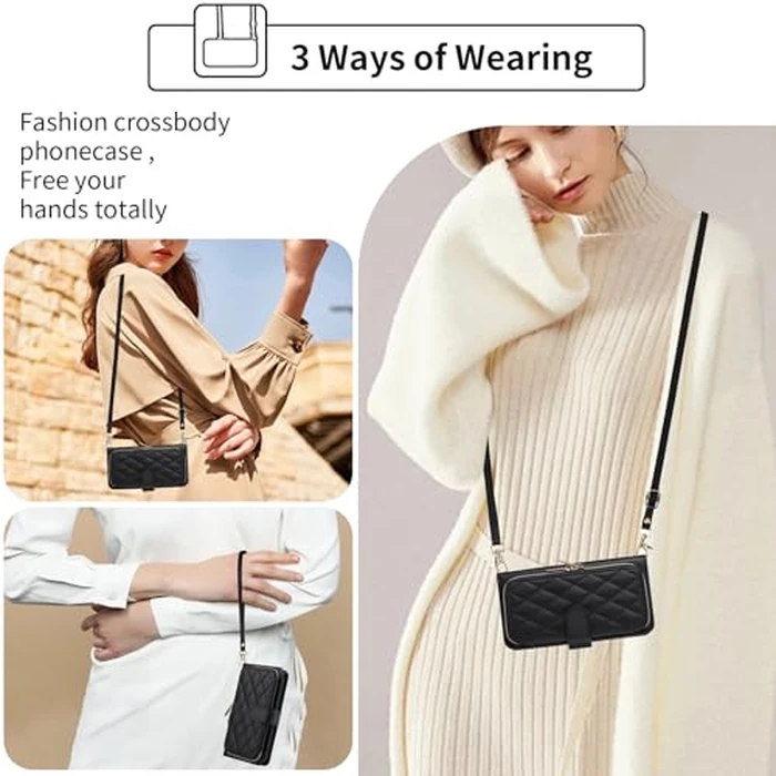 ELISORLI Argyle Wallet Case Compatible with iPhone 16 Pro Max 6.9 inch with Wrist Strap Shoulder Strap, 9+ Card Slots Zipper Purse Stand Phone Cover for i Phone16 16Pro i16 ProMax 16ProMax Black by ELISORLI - Image 7